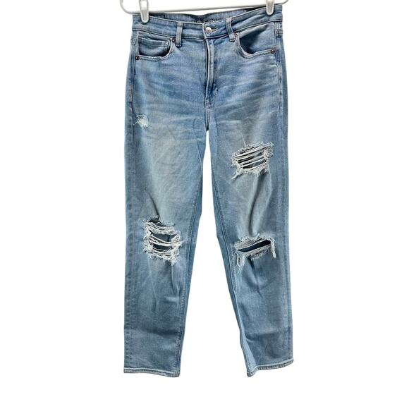 American Eagle Mom Straight Jeans Light Blue Distressed Siz6 - Picture 1 of 14